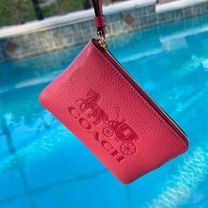 COACH Corner Zip Wristlet With Horse And Carriage Leather Strawberry Haze